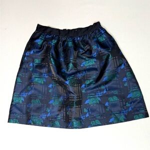 J. Crew Navy and Teal Floral Plaid Jacquard A-Line Mini Skirt w Pockets Size 4